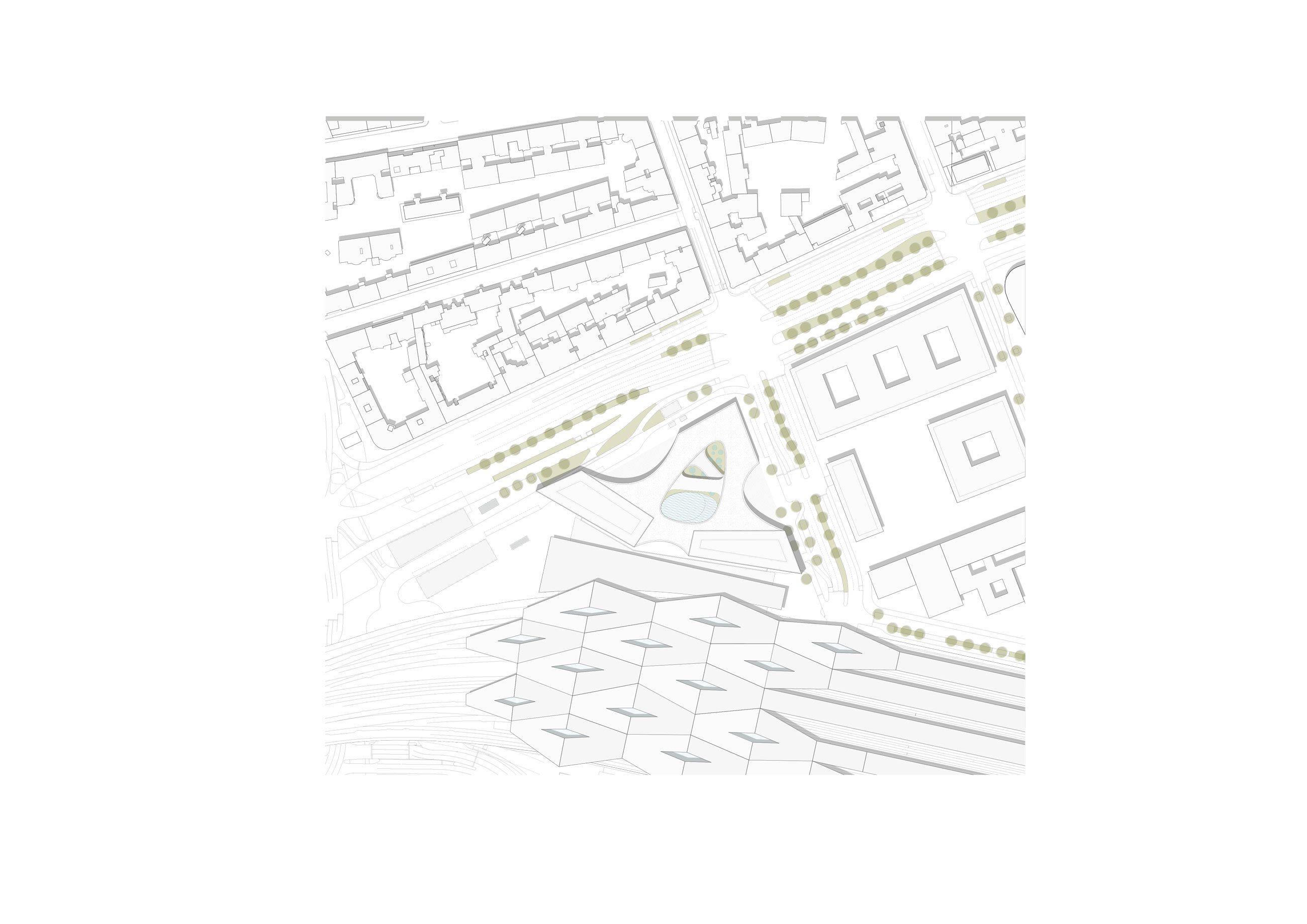 Site plan of an urban development with building footprints, roads, tree-lined avenues, and a central landscaped plaza beside railway tracks.