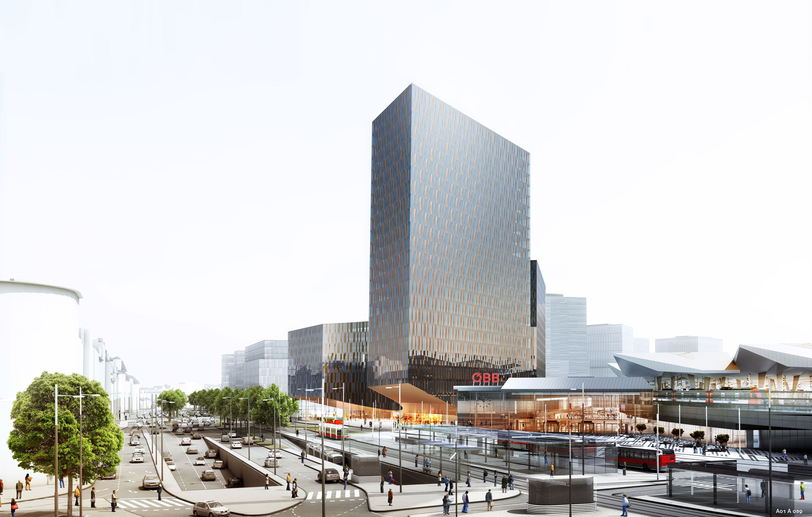 Tall glass skyscraper in a modern urban complex, with a transit plaza, roads, and pedestrians.