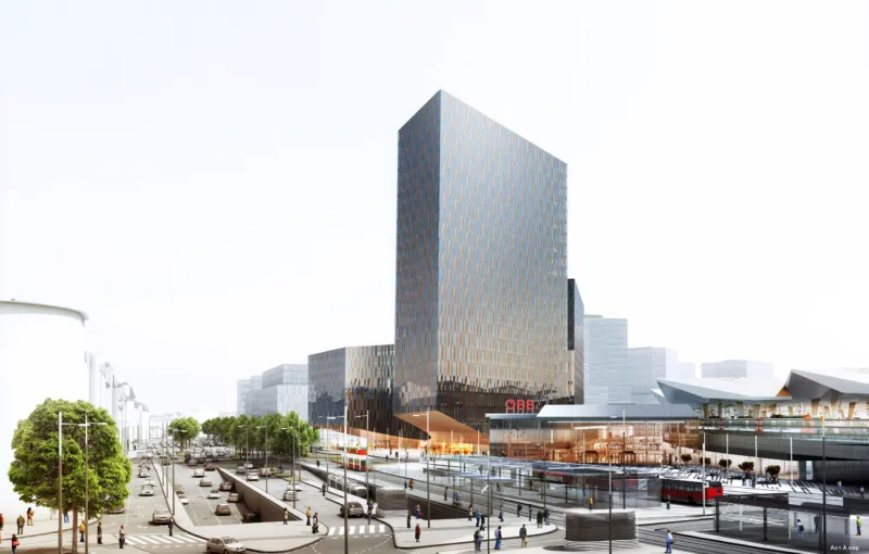 Tall glass skyscraper in a modern urban complex, with a transit plaza, roads, and pedestrians.