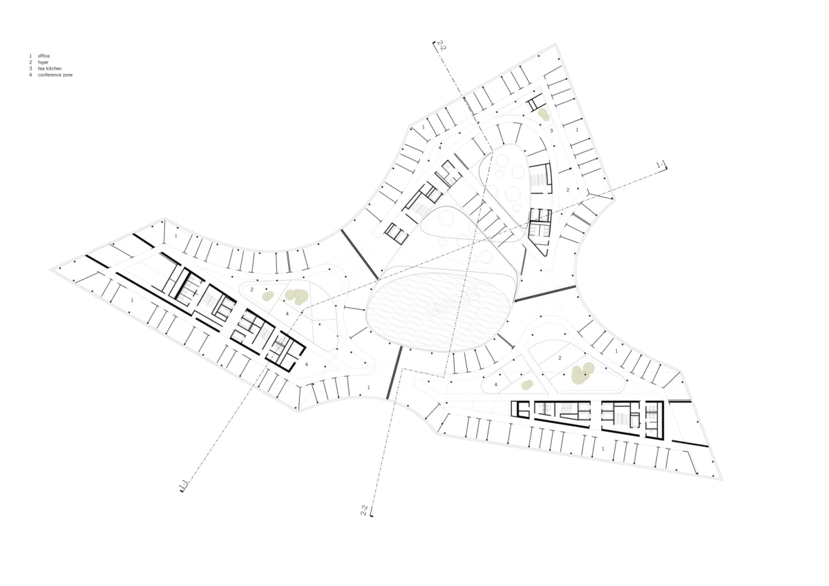 Architectural floor plan of a star-shaped building with a central circular atrium and three wings housing offices and rooms.