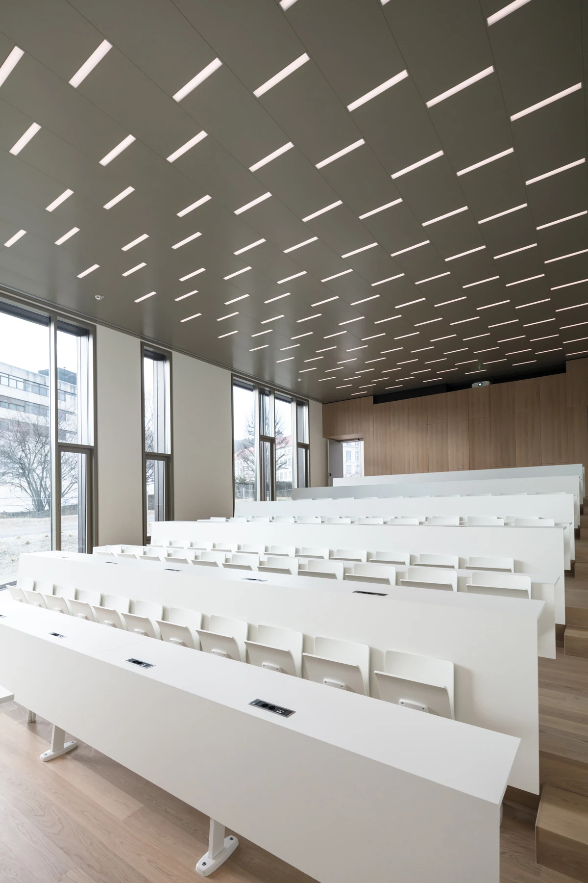 Empty modern lecture hall with tiered white desks and chairs, large windows, and bright linear ceiling lights.