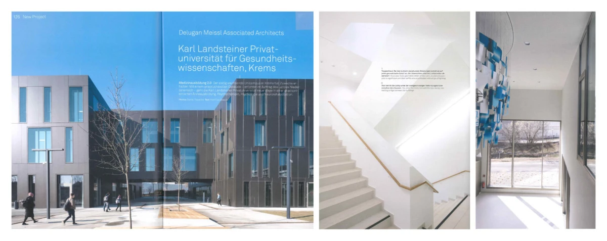 Triptych of architectural spaces: exterior modern building with pedestrians; interior white-staircase atrium; sunlit corridor with blue geometric art.