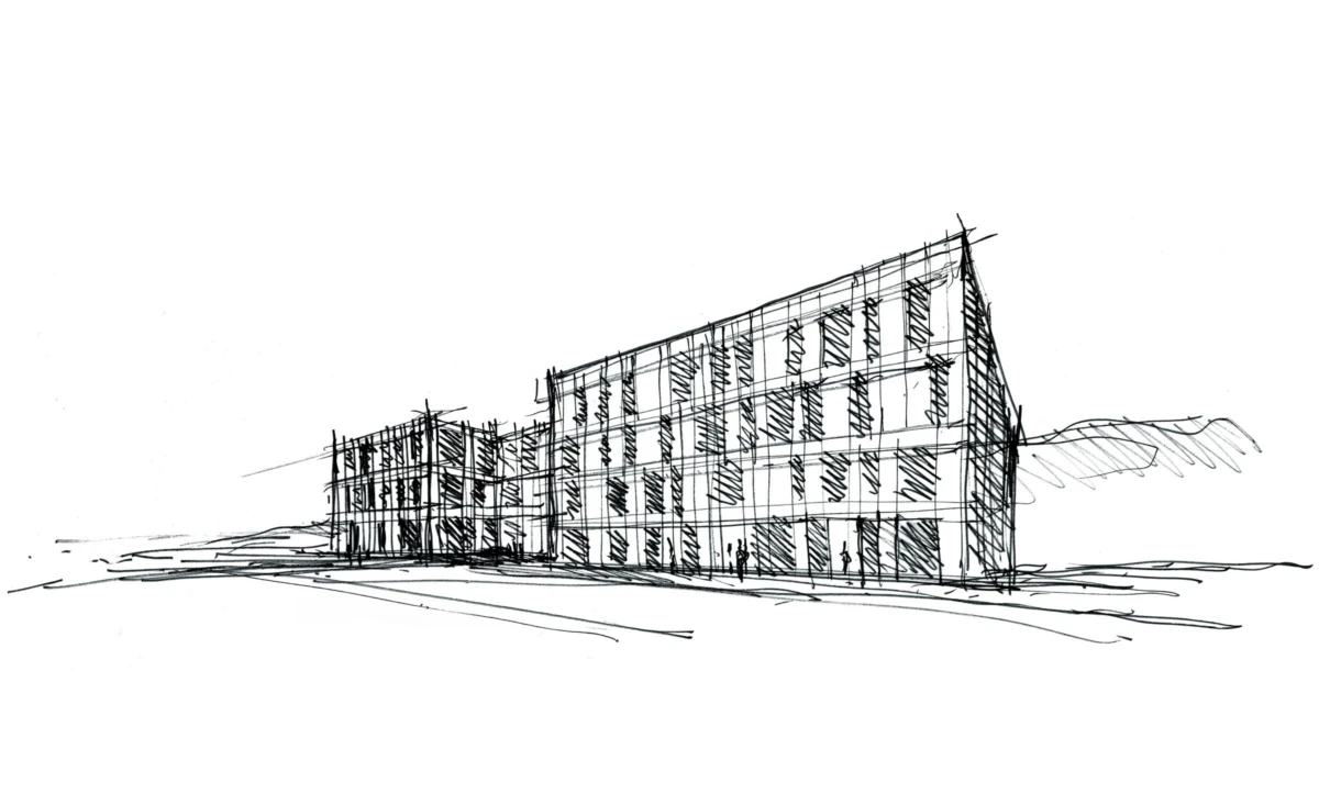 Ink sketch of a row of multi-story residential buildings along an urban street, viewed in perspective.