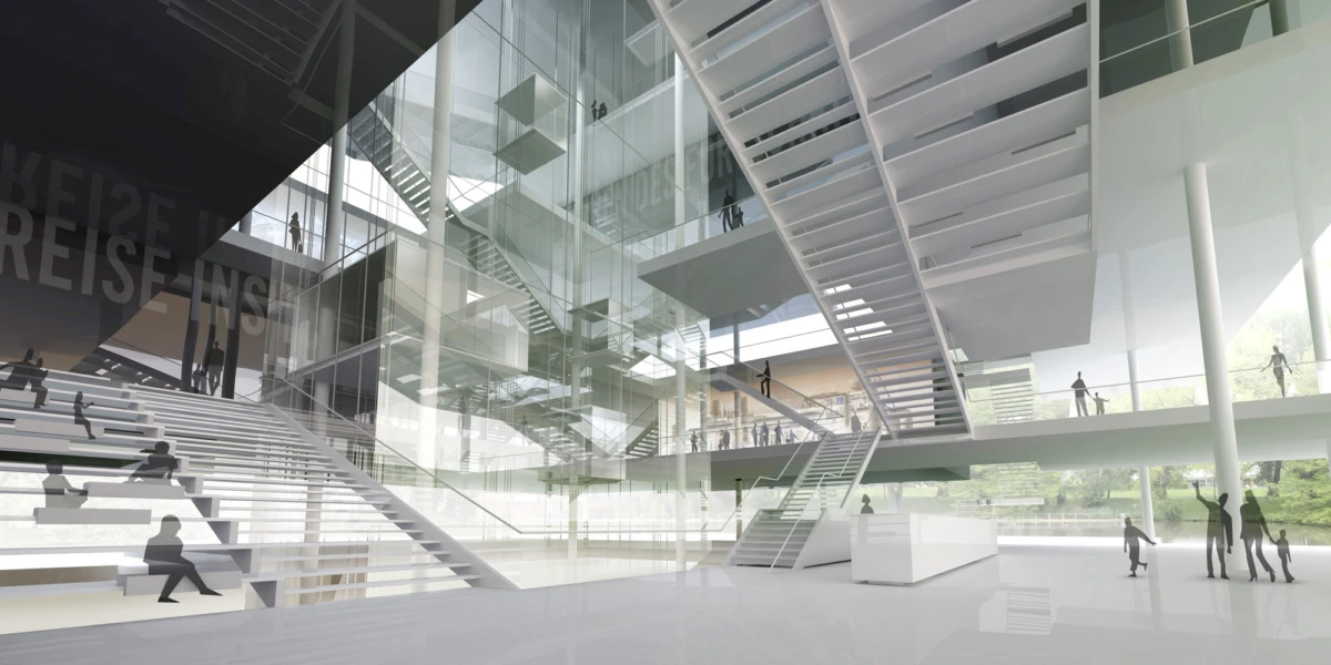 Futuristic glass atrium with intersecting suspended white staircases and terrace levels; people move through the space.