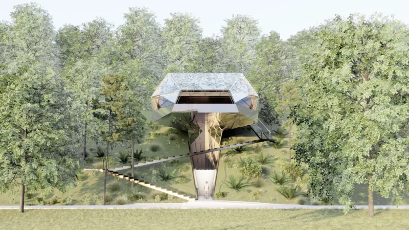 Futuristic geometric treehouse perched on a central column in a forest, with glass facets and exterior staircases.