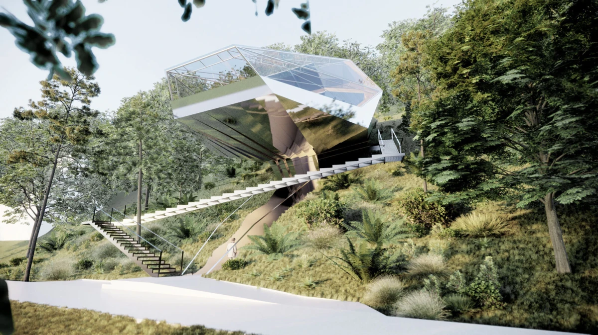 Geometric glass pavilion perched on a wooded hillside, reached by two staircases amid trees.