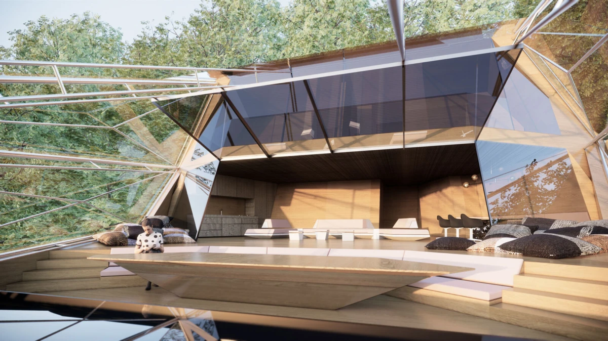 Child standing on a wooden platform inside a glass-walled, futuristic living pavilion with beige sofas and cushions.