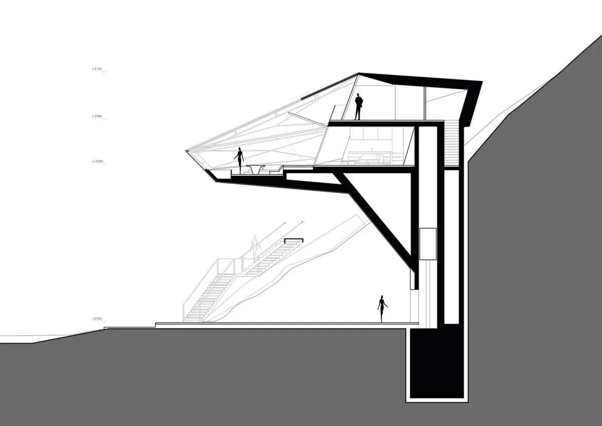 Architectural section of a modern hillside building with a cantilevered glass pavilion, stairs, and people on multiple levels.