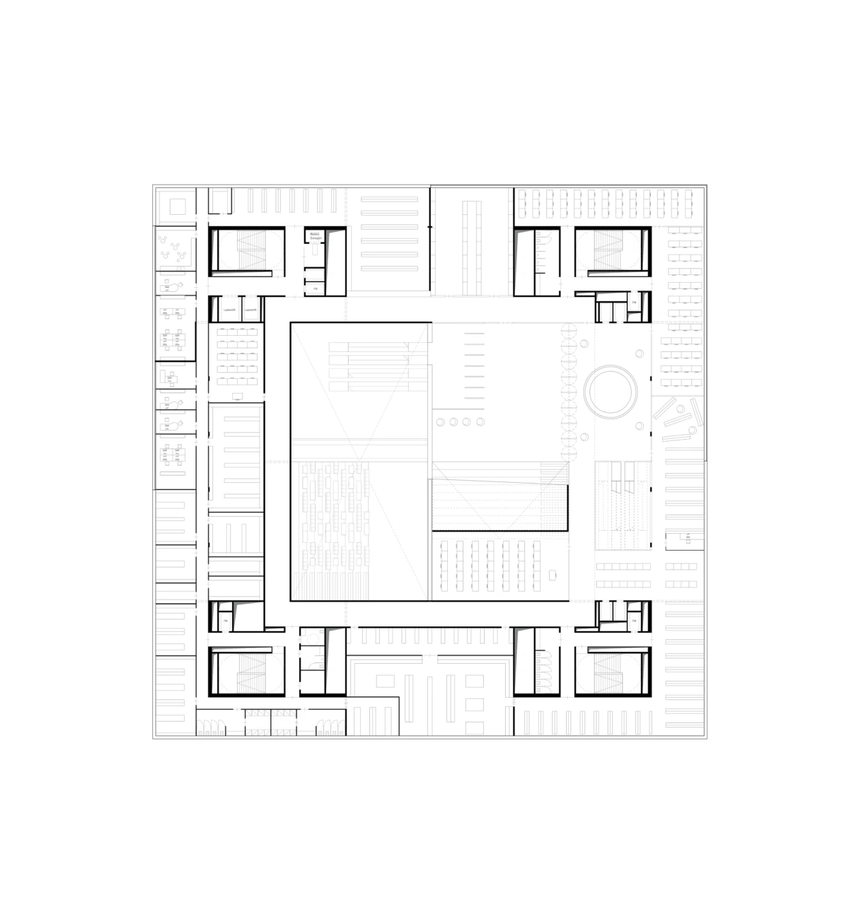 Architectural floor plan of a square building centered on a courtyard, with surrounding rooms and corridors.