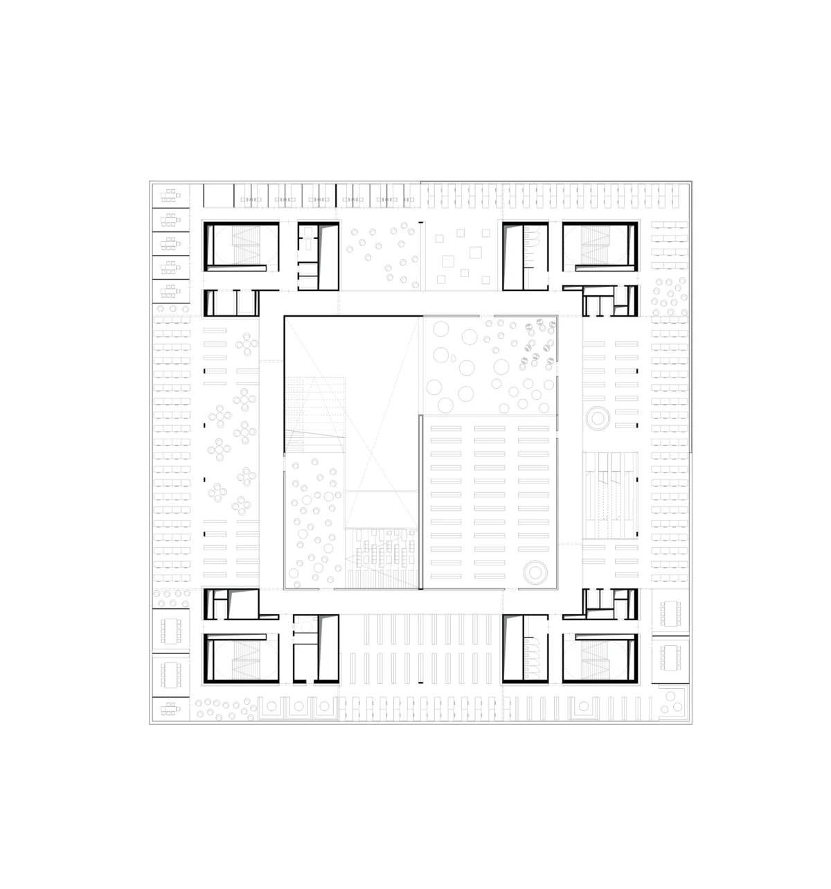 Architectural floor plan of a square building complex with a central courtyard and surrounding rooms.