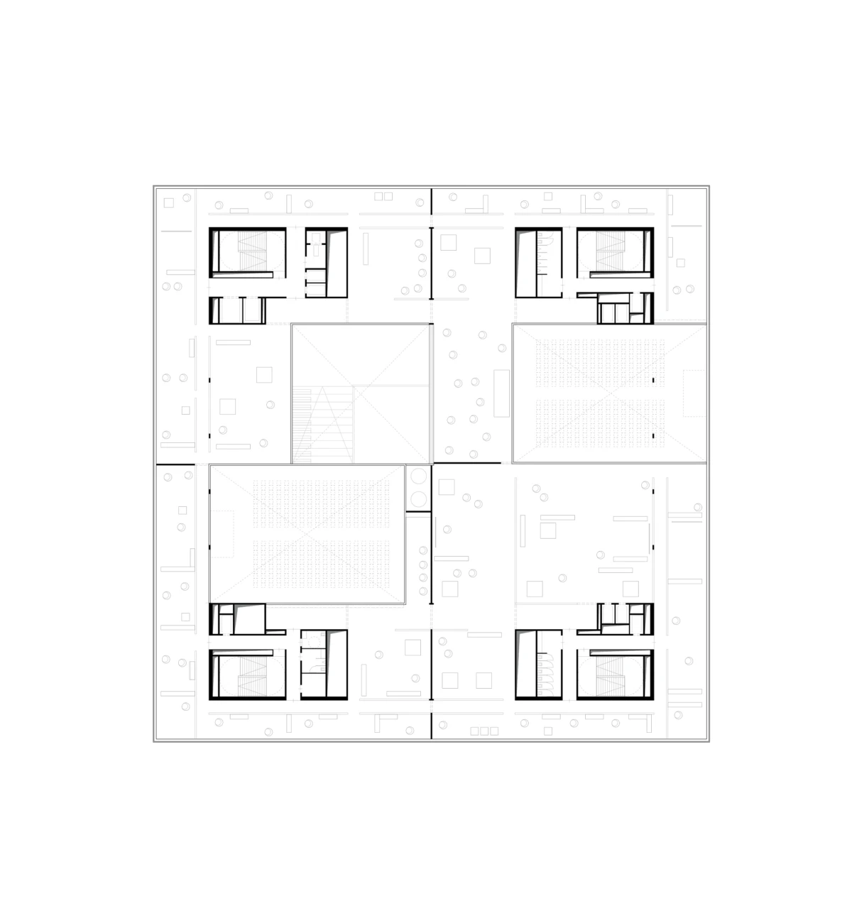 Architectural floor plan of a square building with central courtyard and four corner stair cores, surrounded by rooms.