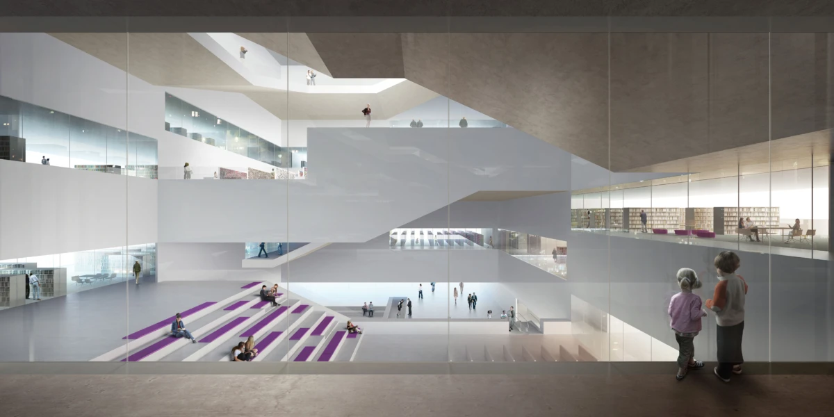 Modern, glass-walled atrium with cascading white staircases and purple tiered seating; visitors walk, sit, and chat on balconies.