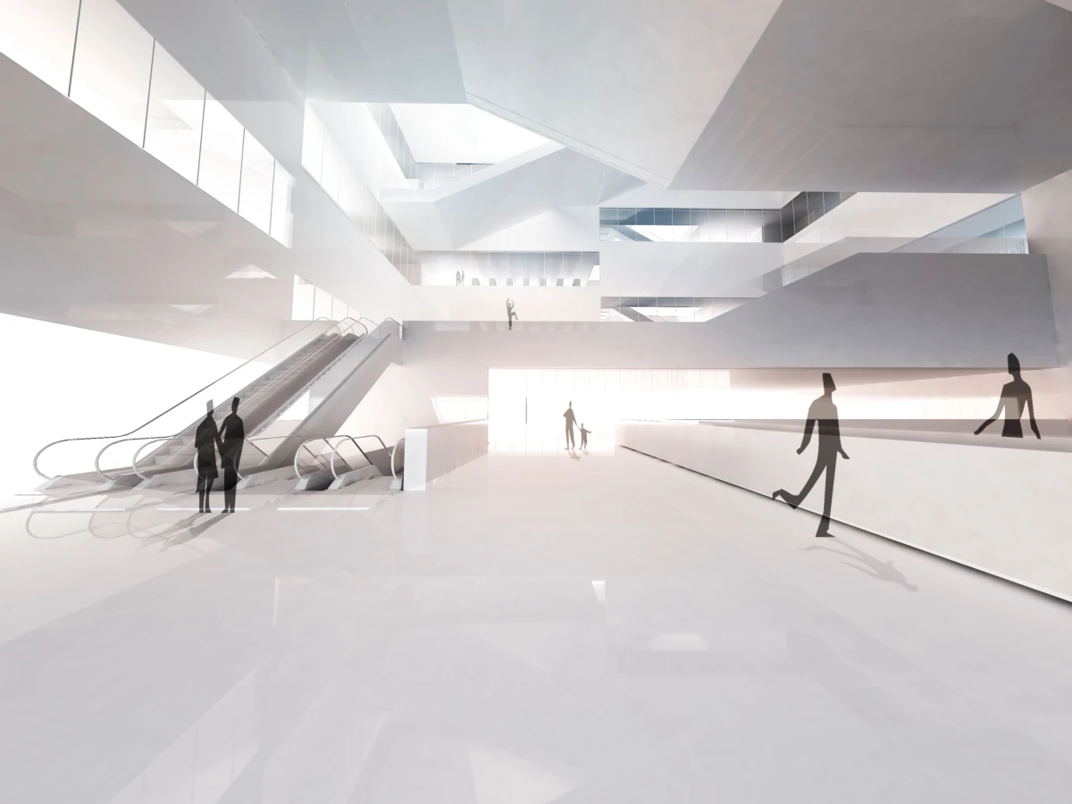 Sleek white modern atrium with escalators on the left, elevated walkways, and silhouettes of people walking.