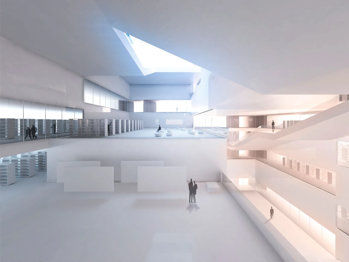White, spacious, multi-level library atrium with balconies and skylight; silhouettes walk among shelves.
