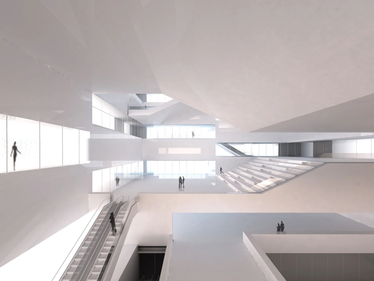 Spacious white modern atrium with multiple levels, glass walls, and escalators; a few silhouette people walking and standing.