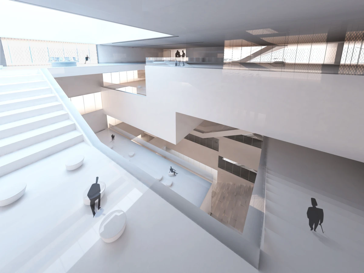 Silhouetted figures walking and standing on multiple levels of a bright, minimalist atrium with broad white stairs.