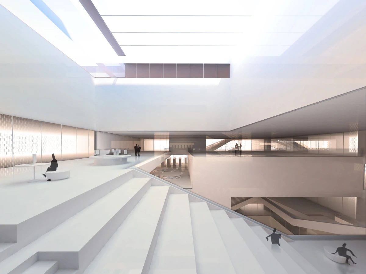 Futuristic white atrium with wide terraced steps and balconies; silhouettes sit and walk under a bright skylight.