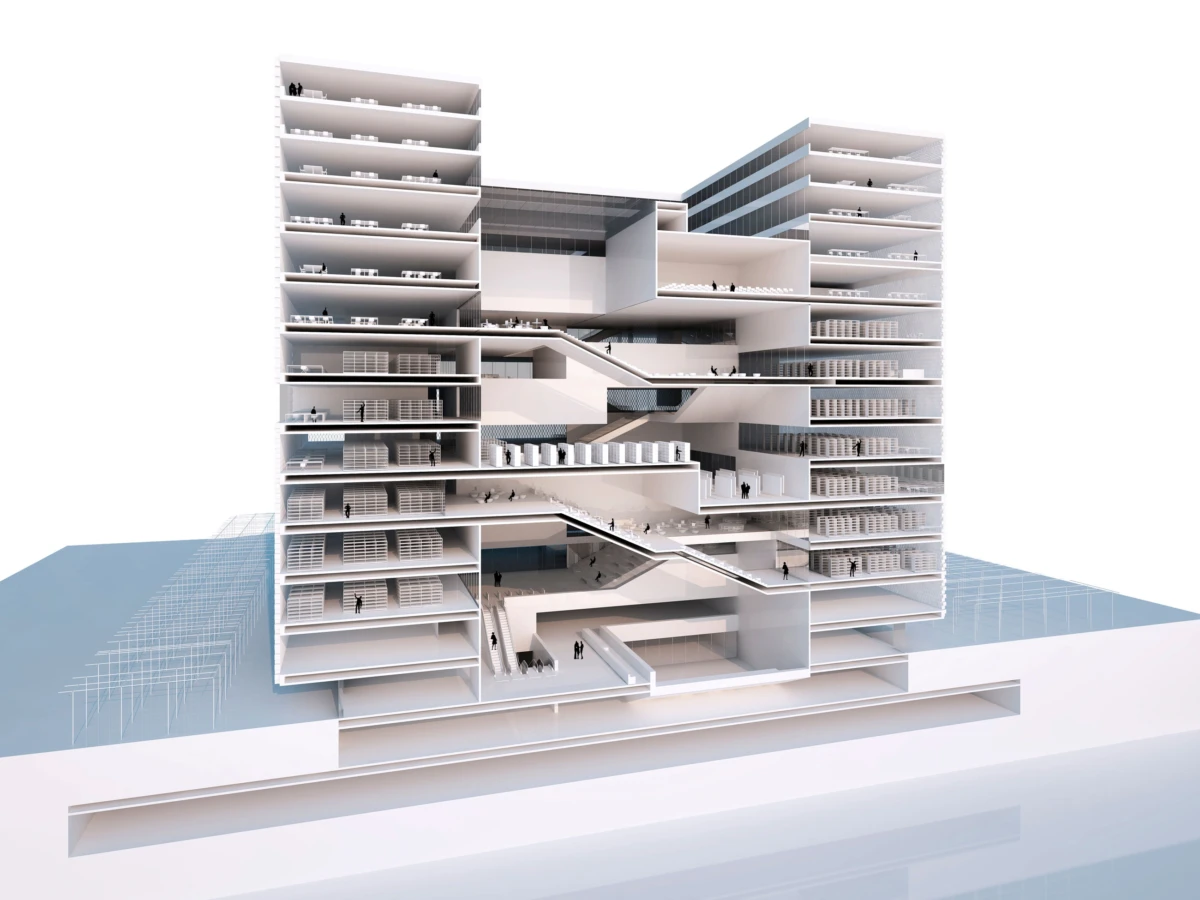 Architectural cross-section model of a modern multi-storey building with open atrium, stairways, escalators, and people on interior floors.