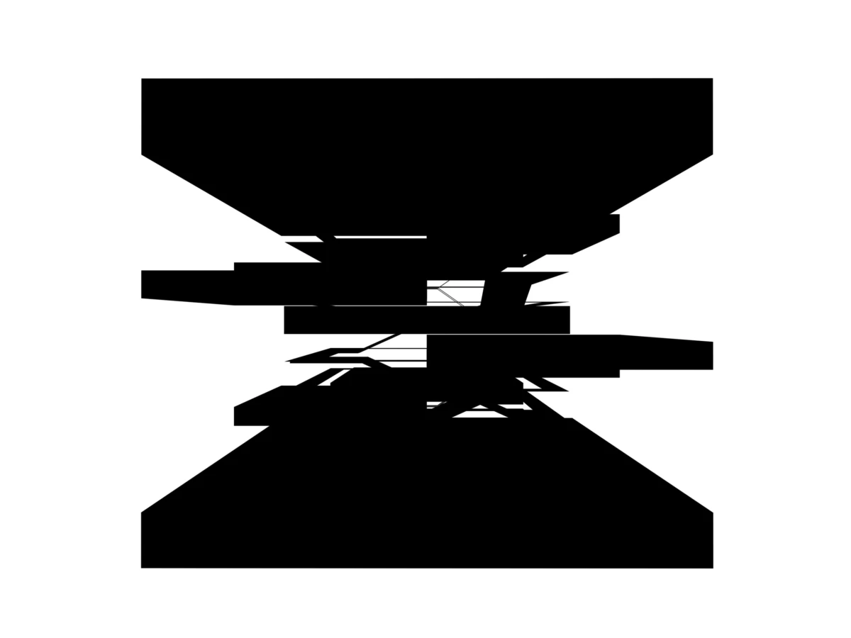 Abstract arrangement of black geometric shapes creating a fragmented cross on a white background