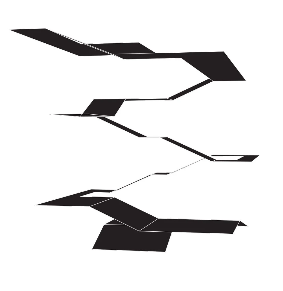 Abstract arrangement of angular black strips overlapping on white background.