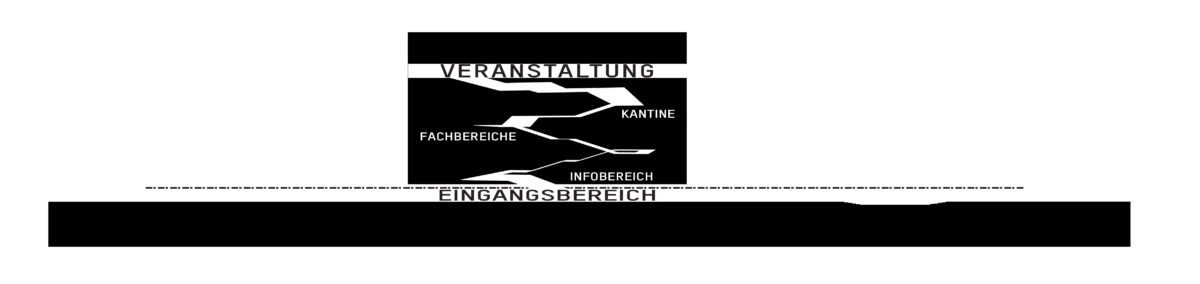 Black-and-white schematic map of a venue with labeled areas VERANSTALTUNG, KANTINE, FACHBEREICHE, INFOBEREICH, EINGANGSBEREICH; long bottom bar.