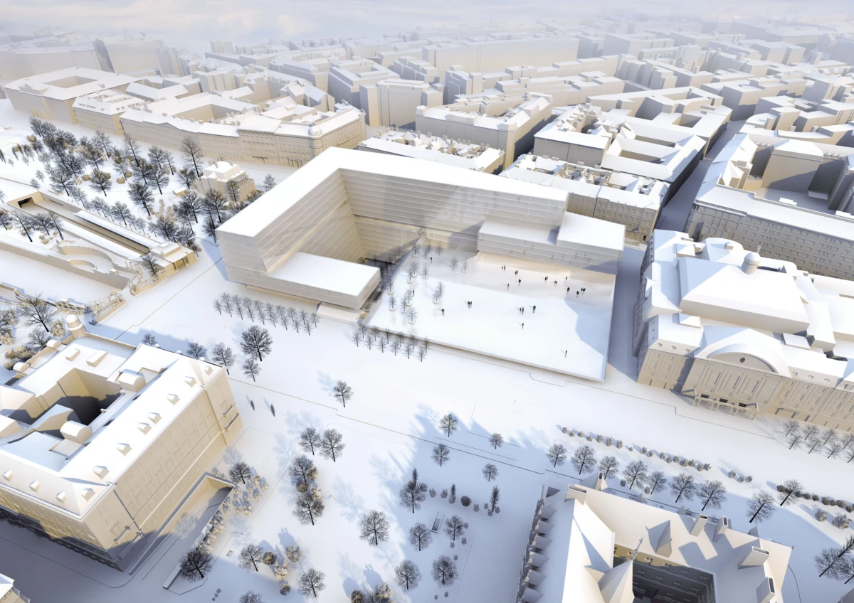 Snow-covered cityscape with a large U-shaped modern cultural center around an open plaza and pedestrians.