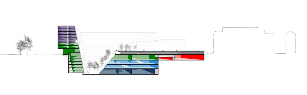Architectural cross-section of a multi-level building with colored stacked volumes (purple, green, blue, red), showing underground levels and trees.