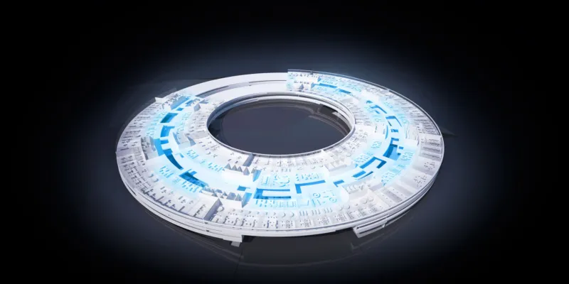 Futuristic circular data ring with blue glow, floating in a dark, featureless background.