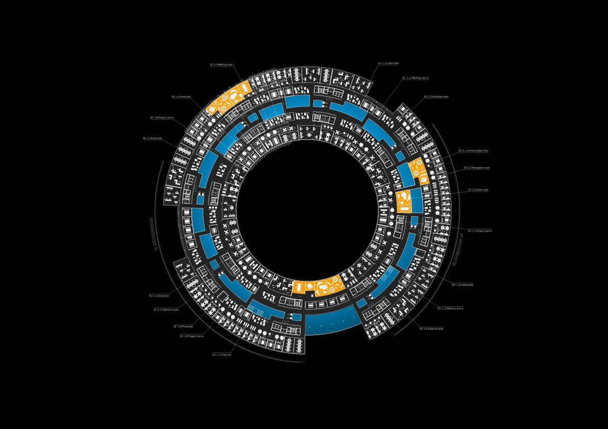 Circular ring chart with blue and orange segments on a black background.