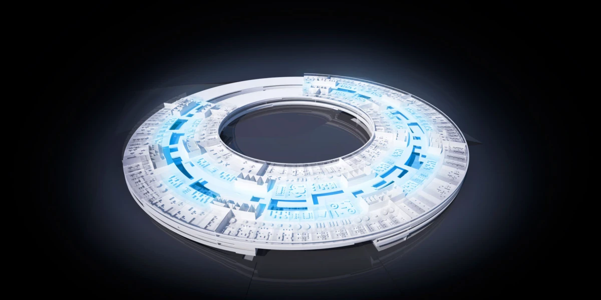 Futuristic circular data ring with blue glow, floating in a dark, featureless background.