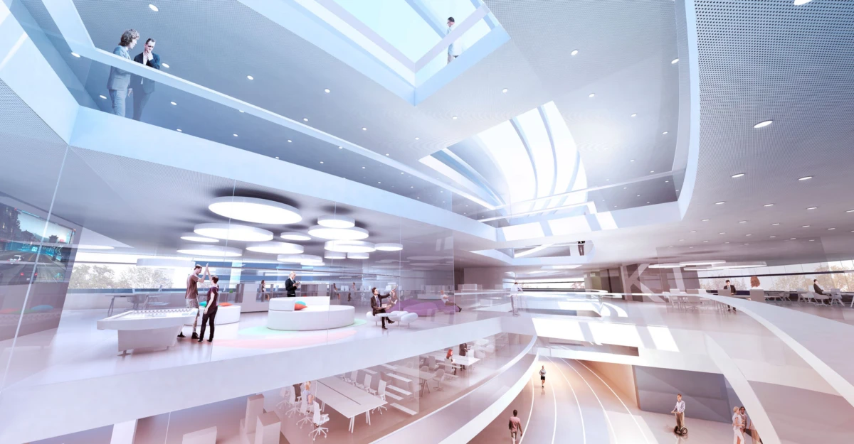Futuristic multi-level atrium with curved white ramps, circular lounges, and people conversing in a bright corporate lobby.