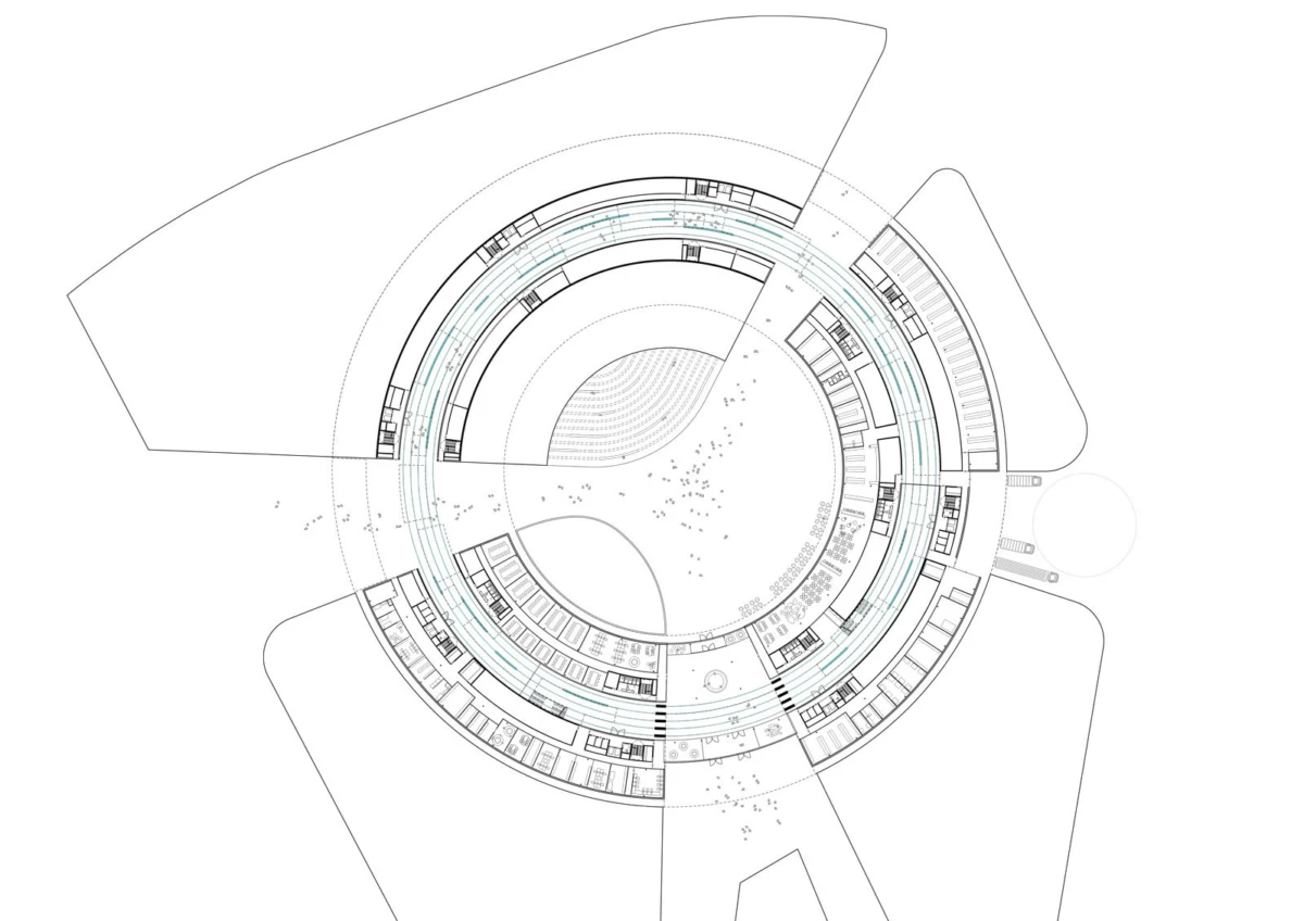 Top-down circular architectural blueprint with concentric rings, radial corridors, and a central circular area.