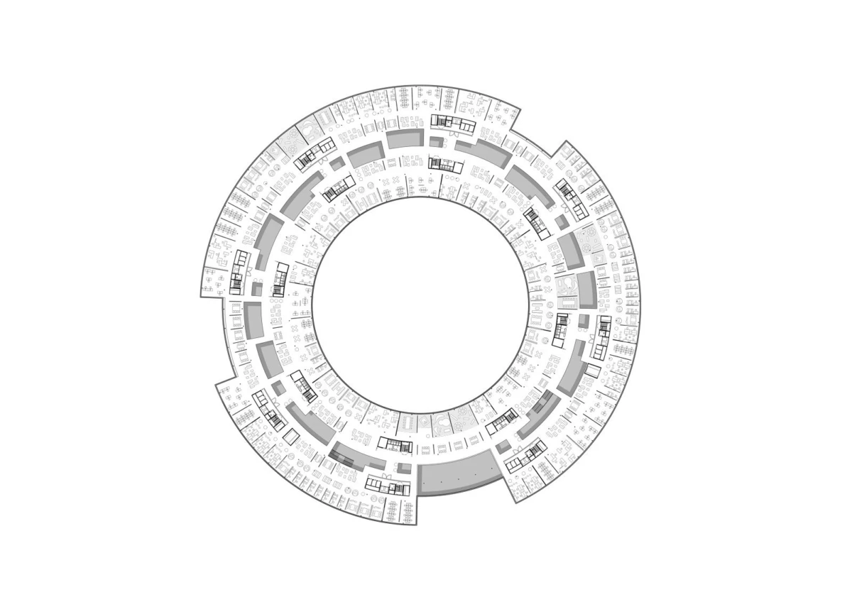 Circular theater seating plan with concentric rings and radial aisles around an empty central area.