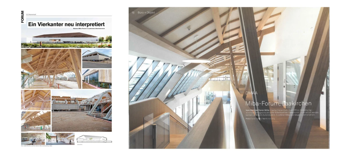 Two-page spread: left collage of timber-frame construction; right modern interior with exposed wooden beams and glass walls.