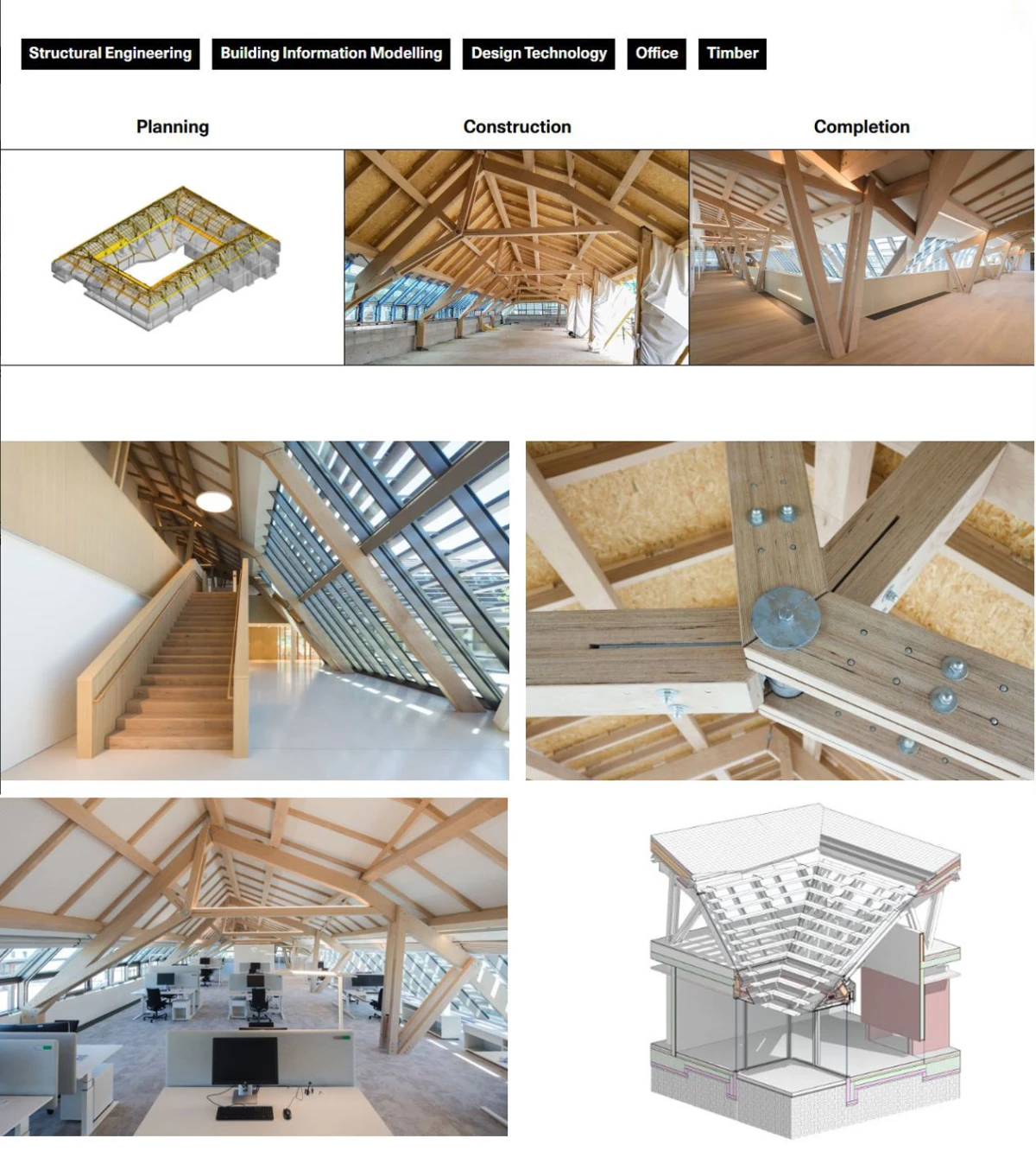 Montage of timber-framed building: planning foundation, roof construction, finished interior with exposed beams, stair hall, close-up timber joint.