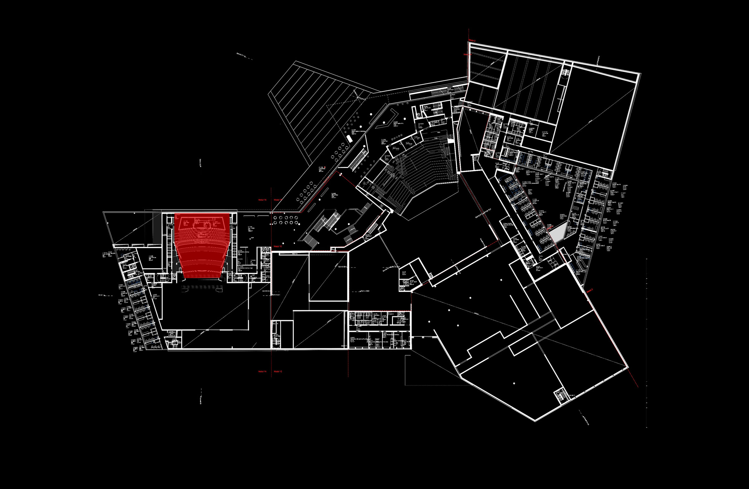 Depicts an overhead architectural floor plan of a building complex, with white lines on black and a red-highlighted section.
