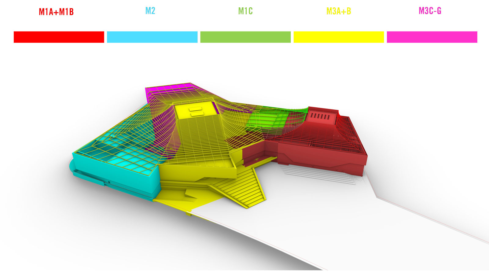 Multicolored 3D architectural model with translucent grid roofs in cyan, yellow, green, red, and magenta on a white surface.