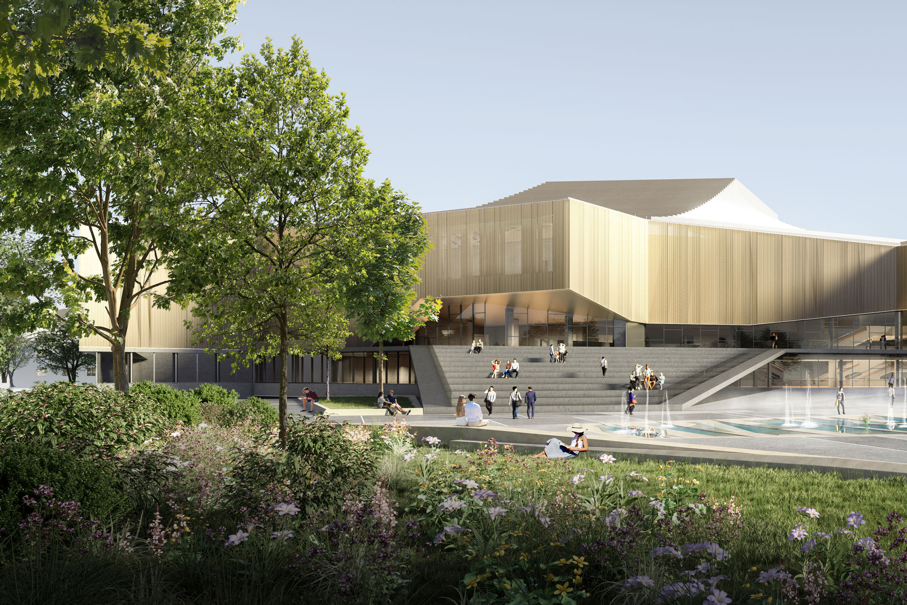Modern gold-clad cultural center with tiered plaza; visitors stroll and sit by a fountain amid trees and a flowering garden.