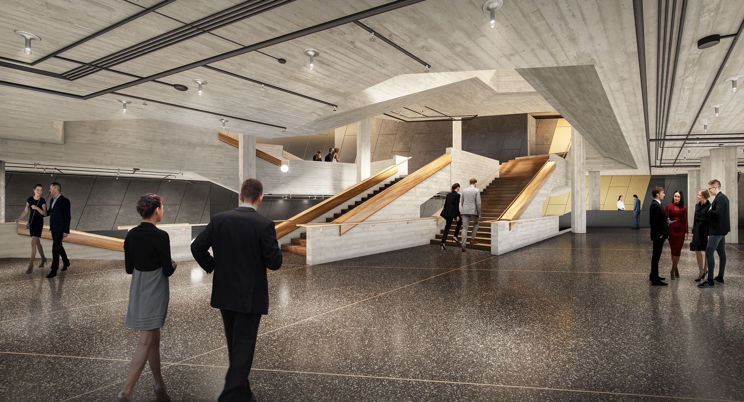 Modern concrete lobby featuring a double wooden staircase; professionals converse.