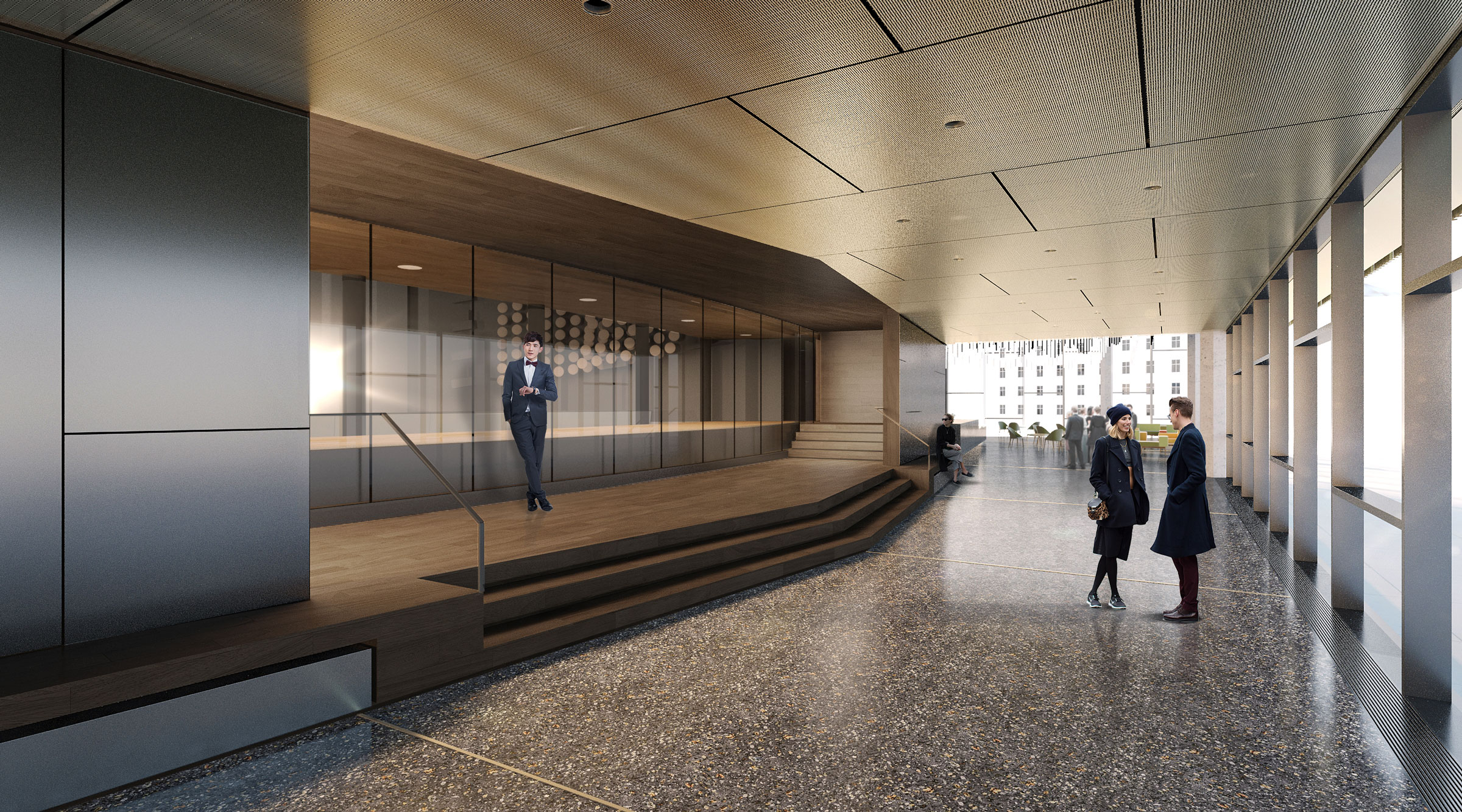 Presenter in a suit on a stage in a modern corporate lobby; two individuals in coats converse near large windows.