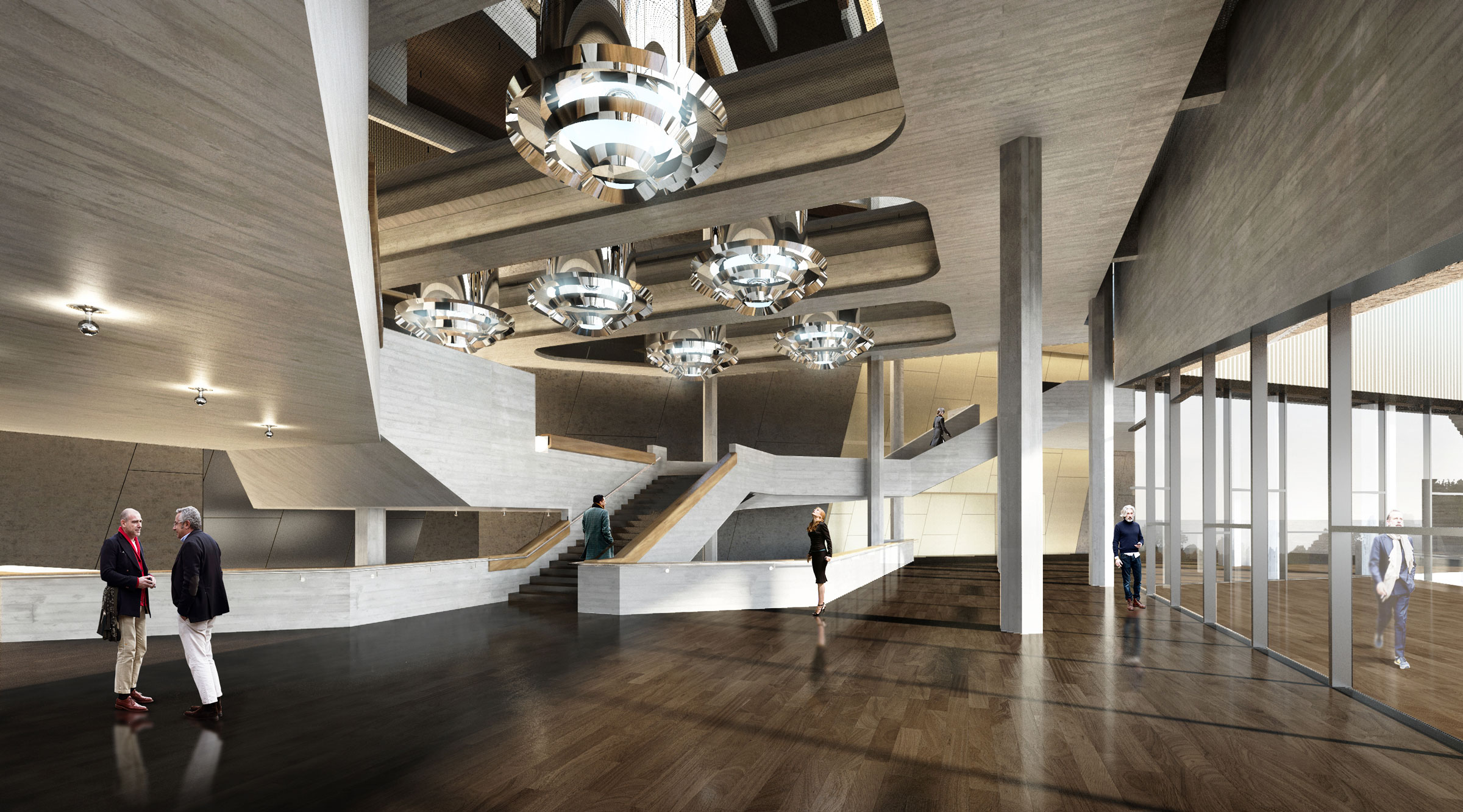Contemporary concrete atrium with circular metallic chandeliers, a curved white staircase, and visitors walking on a dark wood floor.