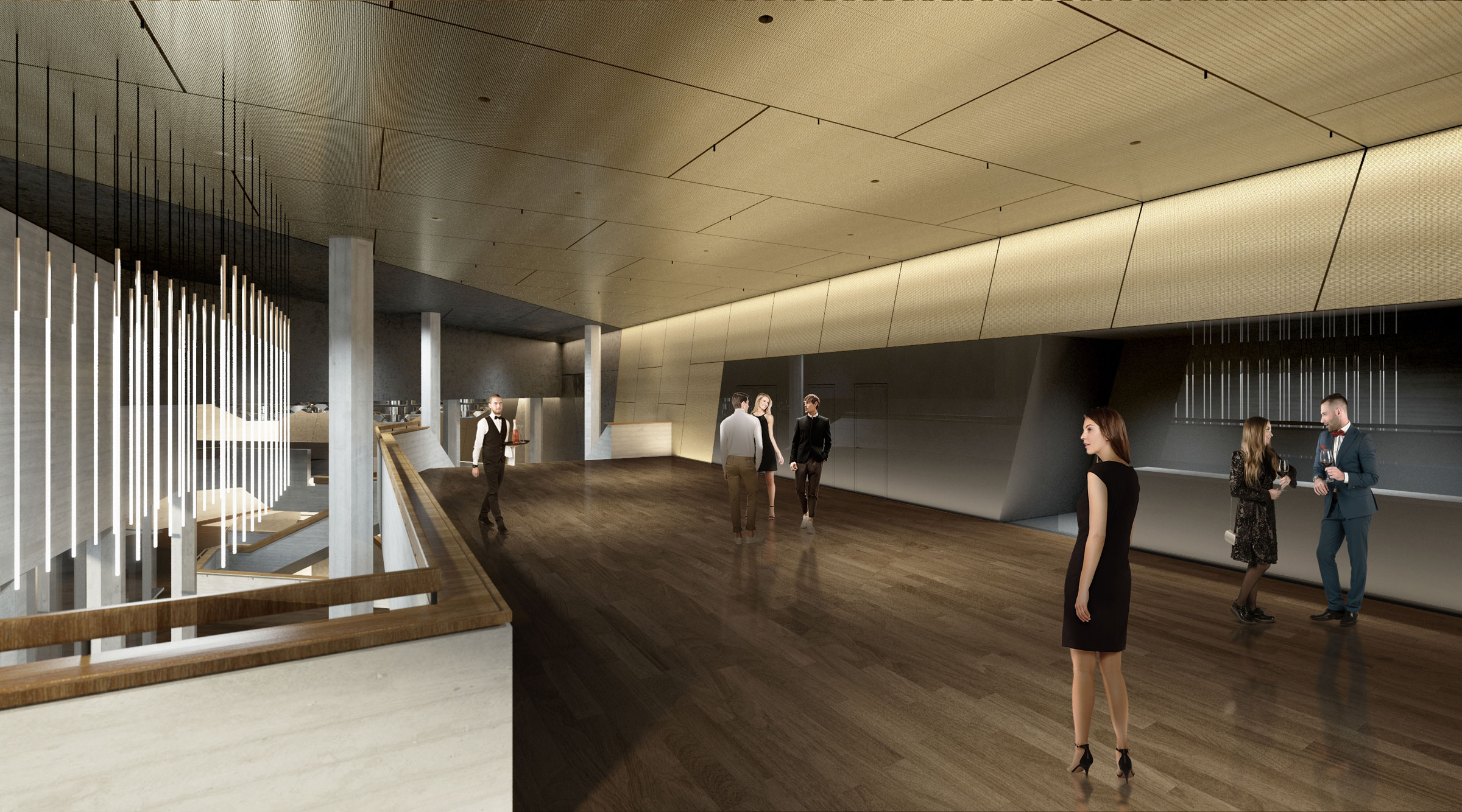 Modern gallery lobby with wooden floor; person in black dress standing in foreground; groups converse in background; vertical light slats at left.