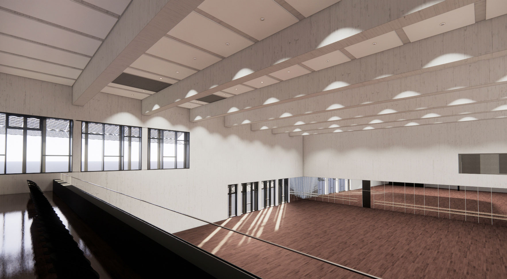 Empty modern atrium with mezzanine railing, glass doors and windows, brick floor, white walls, and circular skylights.