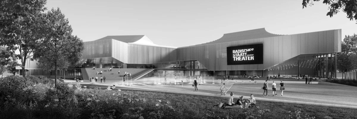 Modern theater building with broad stairs and plaza; people walking and lounging; sign reads BADISCHES STAAT THEATER.