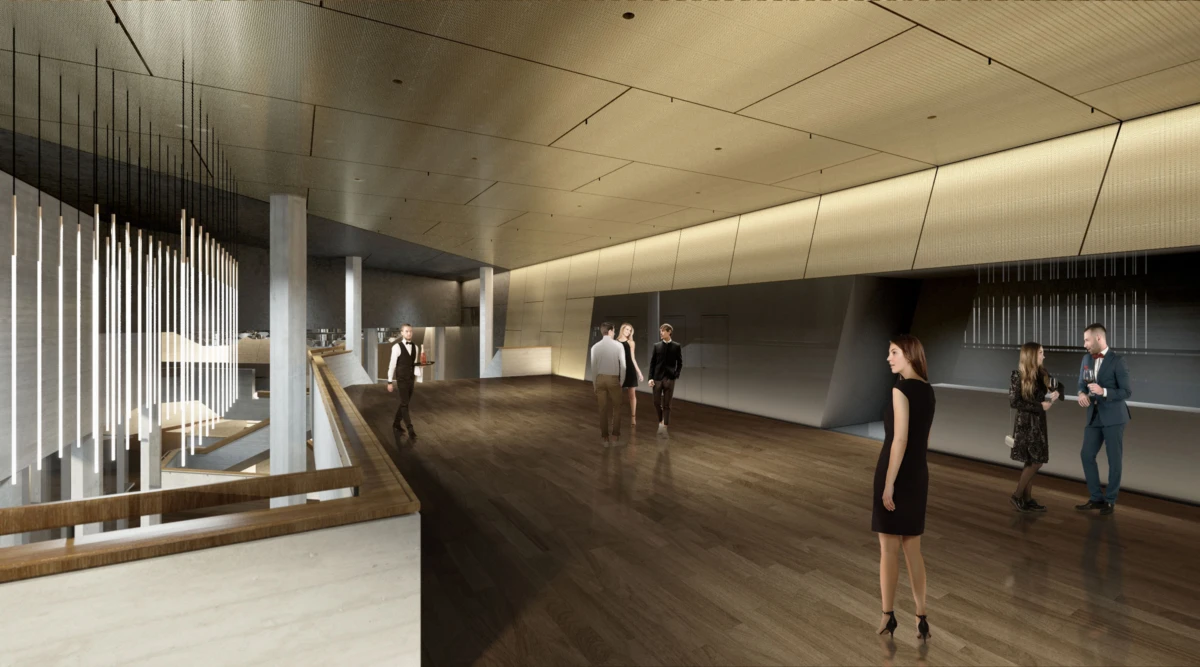 Modern gallery lobby with wooden floor; person in black dress standing in foreground; groups converse in background; vertical light slats at left.