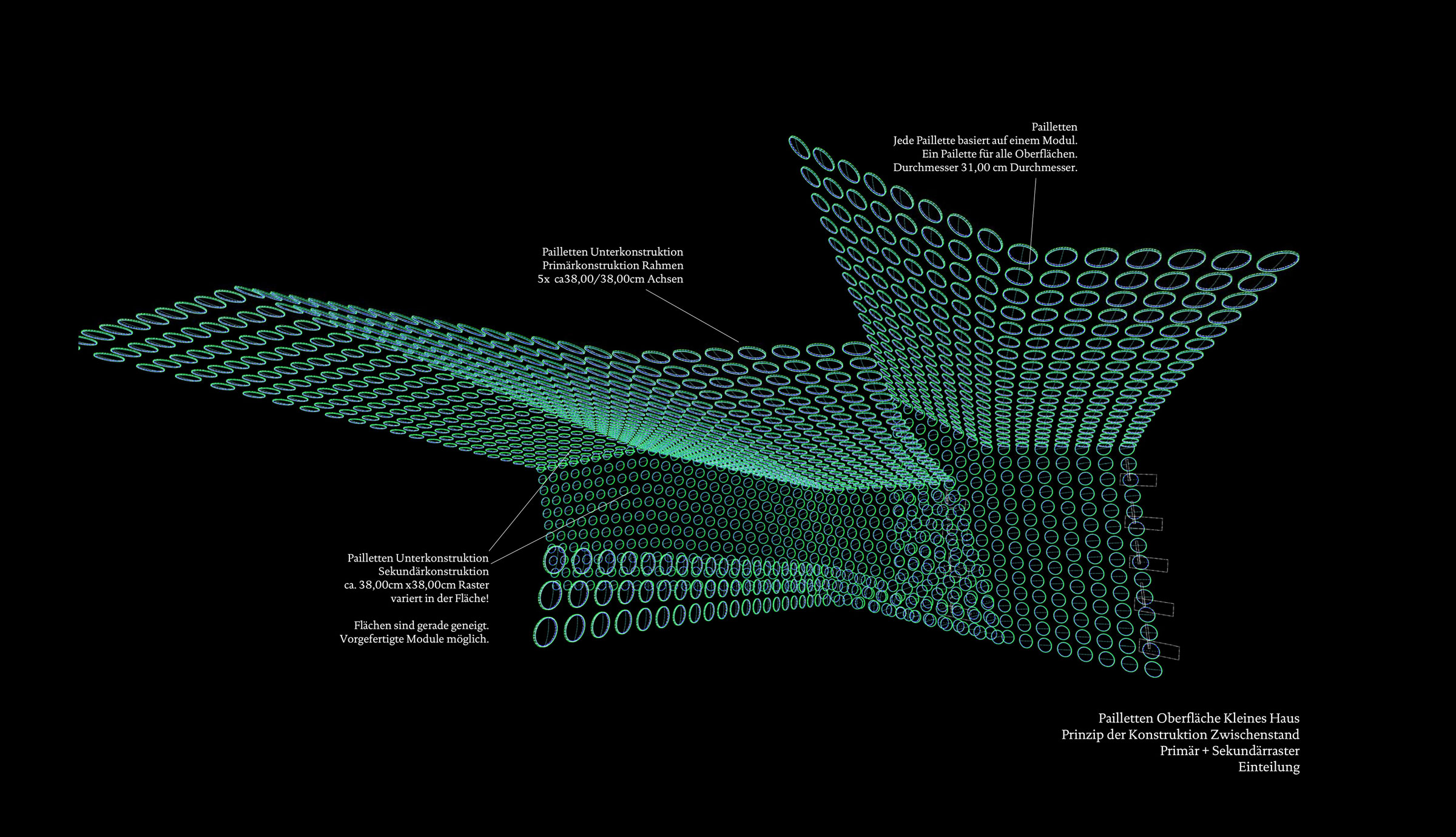 Three-dimensional lattice of turquoise circular rings forming intersecting planes against a black background; technical bead-construction diagram.