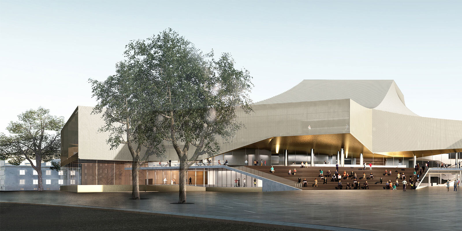 Modern cultural center with a broad stairway; people sit and walk on the open plaza under trees in front of the building.