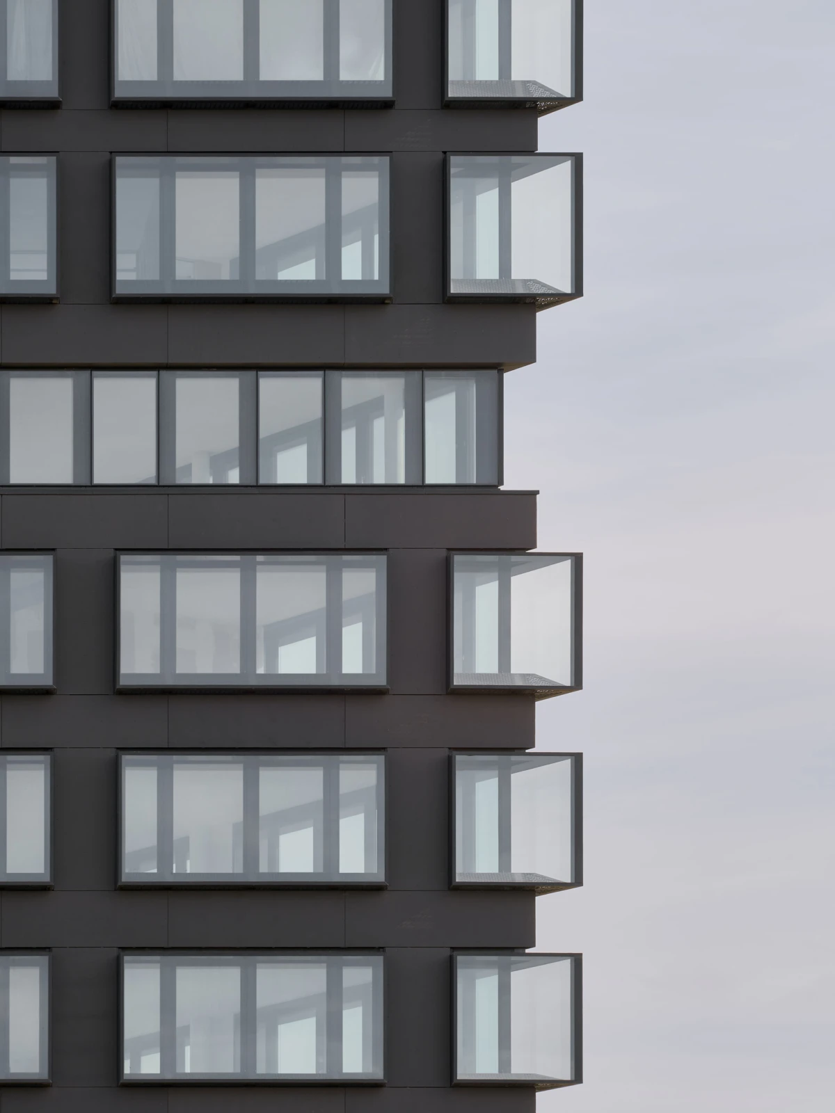 Dark modern apartment building with protruding glass bay windows arranged in vertical rows against a pale sky