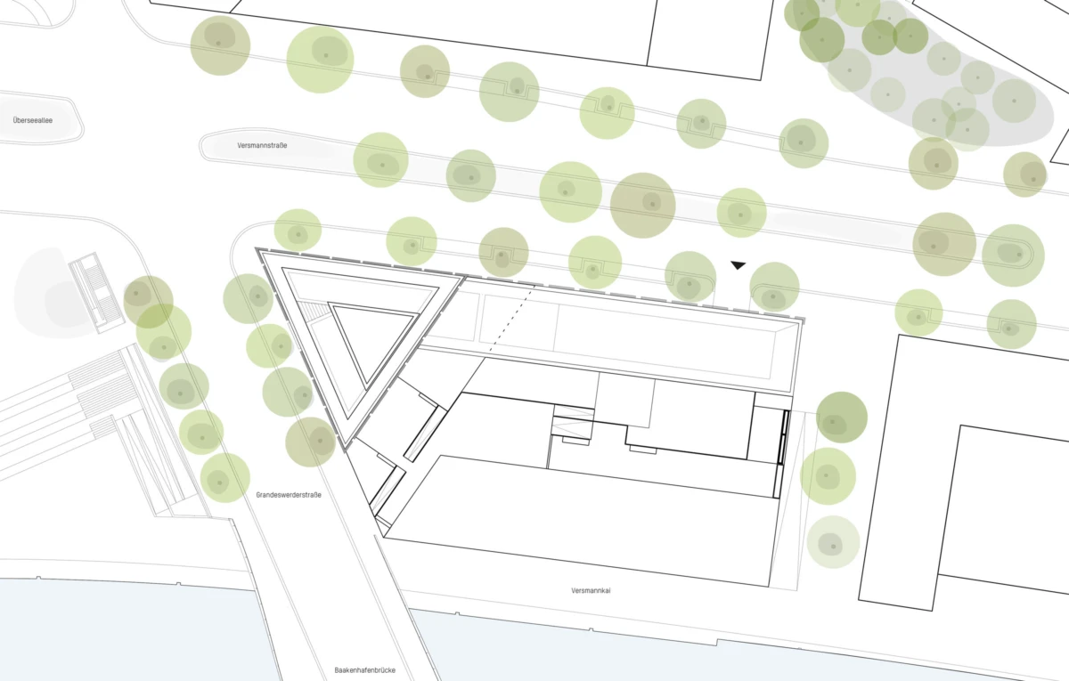 Site plan of a polygonal building with a triangular inner courtyard, surrounded by trees and bordered by streets.