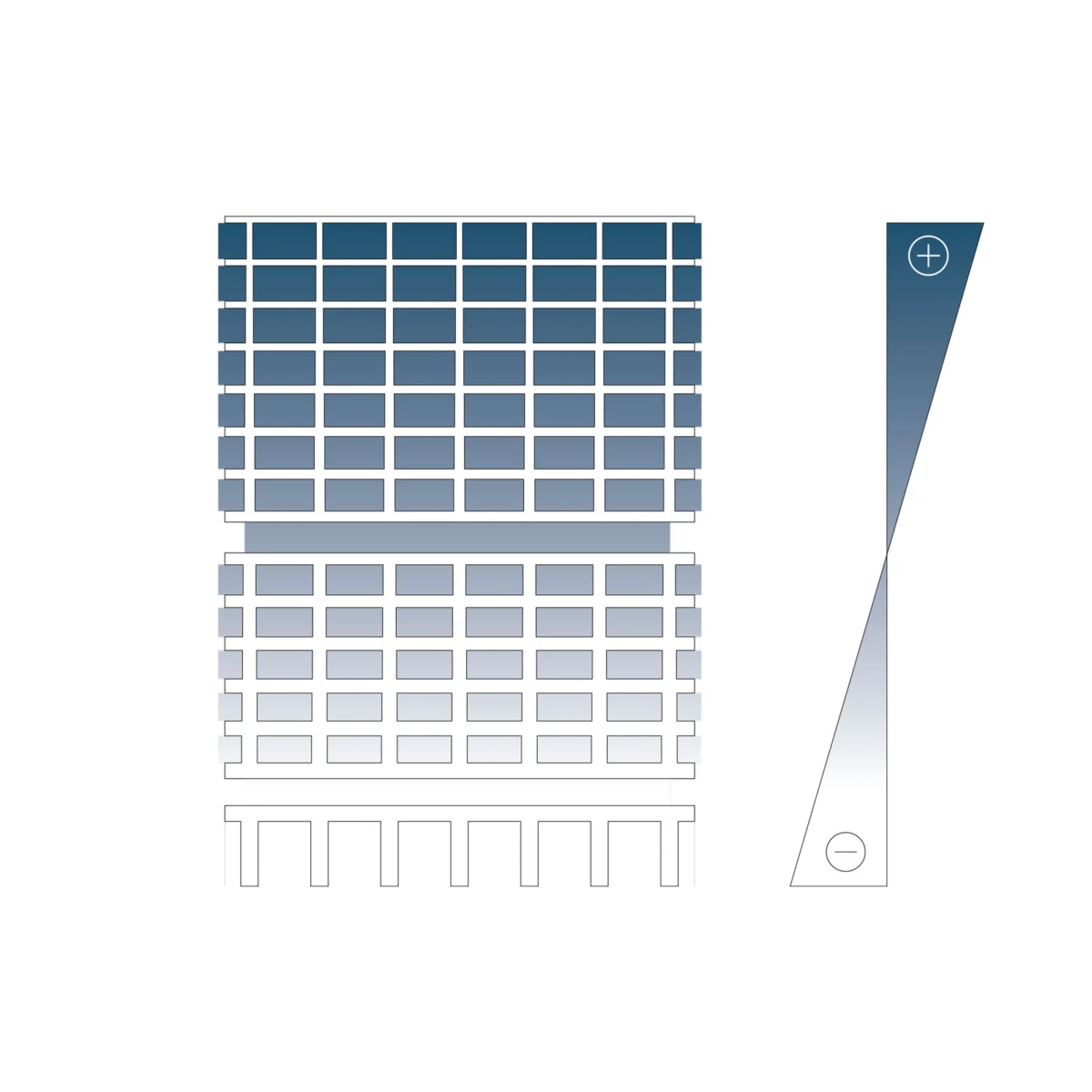 Two stacked gradient-blue grid panels of small rectangles; tall angled right ruler with circular plus icon top and circular minus icon bottom.